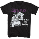 Close-up of Misfits Die, Die My Darling black t-shirt featuring artwork from the album, displayed on a white background.