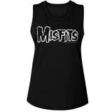Close-up of Misfits logo black sleeveless t-shirt featuring the classic logo in white outlined lettering, photographed flat on a white background.