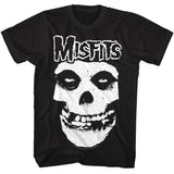 Close-up of Misfits Crimson Ghost black t-shirt featuring a large band logo in white outline along with a large image of their Crimson Ghost in white, displayed on a white background.
