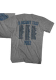 Back of Scorpions Blackout 1982 Tour heather grey t-shirt featuring the tour stops and dates in blue text along with 'Blackout Tour 1982' in large text above and below the dates, displayed on a white background.