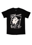 A black short-sleeve crewneck t-shirt featuring a white graphic print of the band 'Slousxie and the Banshees' performing at 'Eric's' on Saturday, May 14.