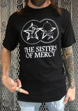 Sisters of Mercy Classic & Gears black t-shirt featuring their iconic gears artwork, on a model against a metal gate background.