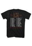 Back of Skid Row Slave to the Grind '91 Tour black t-shirt featuring the tour name and year along with the dates and stops listed, displayed on a white background.