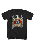 A black short-sleeve crewneck t-shirt featuring a large graphic print of the metal band Slayer. The design shows a silver eagle with spread wings, a golden wreath, and the band's name in red across a black pentagram, set against a plain white background.