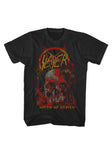 A black short-sleeve crewneck t-shirt featuring a distressed graphic print of the band Slayer's 'South of Heaven' album artwork, including a skull and pentagram design in red, yellow, and white.