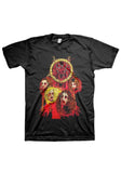 Slayer Decap black t-shirt featuring an illustration of the band members decapitated heads dripping in blood along with the band circular logo above the image, displayed against a white background.