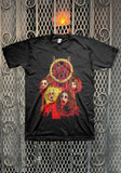 Slayer Decap black t-shirt featuring an illustration of the band members decapitated heads dripping in blood along with the band circular logo above the image, displayed against a metal gate background.