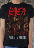 Slayer Reign in Blood black t-shirt featuring album artwork, on a model against a metal gate background.