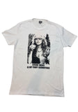 A white short-sleeve graphic t-shirt featuring a black-and-white photo print of Stevie Nicks with the text 'STEVIE NICKS IS MY FAIRY GODMOTHER' printed below the image.