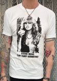 A white graphic t-shirt featuring a black and white photo print of Stevie Nicks with the text 'STEVIE NICKS IS MY FAIRY GODMOTHER!' underneath.