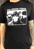 The Stone Roses black t-shirt featuring a black and white image of the band, on a model against a metal gate background.