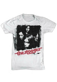 The Stooges Band white t-shirt featuring a black and white image of the band members and band name in red letters across the bottom of the image, photographed flat on a white background.