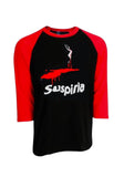 Suspiria Movie Poster black raglan t-shirt with red 3/4 sleeves featuring the movie poster artwork, displayed on a white background.