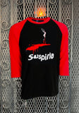Suspiria Movie Poster black raglan t-shirt with red 3/4 sleeves featuring the movie poster artwork, displayed on a metal gate background.