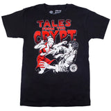 Close-up of Tales from the Crypt Vampire Chick black t-shirt featuring a black, white, and red image of a vampire woman attacking a man with the text 'Tales from the Crypt' in stylized red lettering above the image, displayed against a white background.