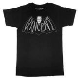 Close-up of Vincent Price black t-shirt with illustration of bat wings with his head and the word "Vincent" across the wings, photographed flat on a white background.