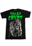 Tales from the Crypt More Comics black t-shirt featuring a black and white image of zombie hands along with the text 'Tales from the Crypt' in bright green above the image, displayed against a white background.