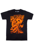Tales from the Crypt Halloween Pumpkin black t-shirt featuring an orange image of a zombie coming out of a jack-o-lantern along with the text 'Tales from the Crypt' in orange above the image, displayed against a white background.