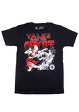 Tales from the Crypt Vampire Chick black t-shirt featuring a black, white, and red image of a vampire woman attacking a man with the text 'Tales from the Crypt' in stylized red lettering above the image, displayed against a white background.