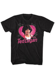 Black Ted Logan t-shirt featuring Ted with a pink heart design background and the words 'Ted Logan' in pink across the bottom of the image on a white background.