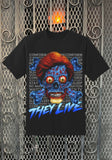 They Live Blue Alien black t-shirt featuring a large blue alien skull and crossbones illustration along with words repeating behind it 'conform, do not question authority, stay asleep, watch tv' in grey text and a large 'They Live' in blue text, displayed on a metal gate background.