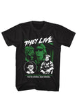 They Live Green Roddy black t-shirt featuring the words 'You think they're people just like you. You're wrong.  Dead wrong.' along with images from the movie in green and white, displayed on a white background.