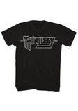 Thin Lizzy black t-shirt featuring the band logo in white lettering, photographed flat on a white background.