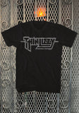 Thin Lizzy black t-shirt featuring the band logo in white lettering, photographed flat on a metal gate background.