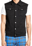 Front of black denim vest featuring metal buttons down the front and on the chest pockets, worn closed on a model against a white background.