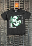 Type-O Negative Bloody Kisses black t-shirt featuring the album artwork, displayed on a metal gate background.