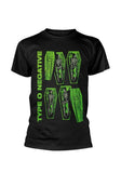 Type O Negative Coffins black t-shirt featuring the band logo in large green text and 4 open coffins with skeletons inside them, displayed on a white background.