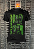 Type O Negative Coffins black t-shirt featuring the band logo in large green text and 4 open coffins with skeletons inside them, displayed on a metal gate background.