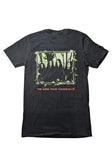 Back of Type O Negative October Rust black t-shirt featuring an image of the band surrounded in thorns and the text 'we are the vandals' in orange underneath, displayed on a white background.