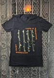 Front of Type O Negative October Rust black t-shirt featuring the thorn artwork from the album, displayed on a metal gate background.