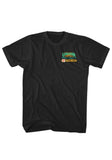 Front of Return of the Living Dead Uneeda black t-shirt featuring the Uneeda medical supply sign artwork on the left chest, displayed on a white background.
