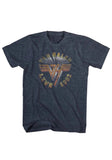 Van Halen 1982 heather blue t-shirt featuring the band name and logo in distressed text along with 'live 1982', displayed on a white background.