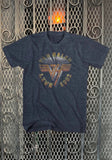 Van Halen 1982 heather blue t-shirt featuring the band name and logo in distressed text along with 'live 1982', displayed on a metal gate background.