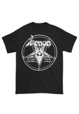 Front of Venom In League With Satan black t-shirt featuring album artwork in white, displayed against a white background.