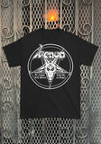 Front of Venom In League With Satan black t-shirt featuring album artwork in white, displayed against a metal gate background.