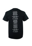 Back of Venom In League With Satan black t-shirt featuring the song lyrics in white text, displayed against a white background.