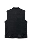 Back of black denim vest featuring two metal button tabs and a leather fabric embossed logo patch at the waist, displayed flat against a white background.