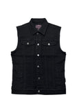 Front of black denim vest featuring metal buttons down the front and on the chest pockets, displayed flat against a white background.