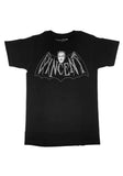 Vincent Price black t-shirt with illustration of bat wings with his head and the word "Vincent" across the wings, photographed flat on a white background.