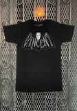 Vincent Price black t-shirt with illustration of bat wings with his head and the word "Vincent" across the wings, photographed flat on a metal gate background.