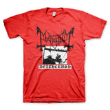 Close-up of Mayhem Deathcrush red t-shirt featuring album artwork in black and white and the band logo in black, displayed on a white background.