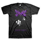 Close-up of Mayhem Live in Leipzig black t-shirt featuring album artwork in black and white and the band logo in purple, displayed on a white background.