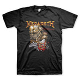 Close-up of Megadeth Peace Sells black t-shirt featuring album artwork along with red text 'Peace sells but who's buying' under the golden band logo on the left of the image, displayed against a white background.