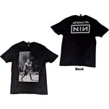Front and back of Nine Inch Nails Self Destruct '94 black t-shirt featuring image of Trent singing on the front and their logo with the words 'Self Destruct 1994' on the back, photographed on a white background.