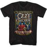 Close-up of black Ozzy Osbourne Nassau Coliseum t-shirt featuring the live show artwork, on a white background.