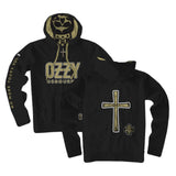 Front and back of Ozzy Osbourne No More Tours black hooded sweatshirt featuring large 'Ozzy' and smaller 'Osbourne' in gold text with white outlines across the front, the words 'No more tours vol 2' down the right sleeve, and a gold skull illustration inside the hood along with a large gold cross with the word 'Ozzy' across it and a smaller logo to the lower right of it on the back, displayed on a white background.